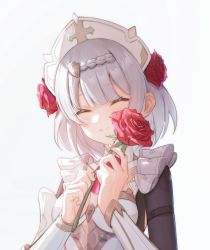 Rule 34 | 1girl, ^ ^, blunt bangs, blush, braid, breasts, cleavage, closed eyes, closed mouth, commentary request, flower, frills, genshin impact, hair flower, hair ornament, highres, holding, holding flower, long sleeves, noelle (genshin impact), red flower, red rose, rose, simple background, small breasts, smile, solo, upper body, white background, white headwear, xue xue