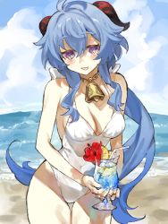 Rule 34 | 1girl, ahoge, bare arms, beach, bell, blue hair, blue nails, blush, breasts, cleavage, cocktail glass, cowbell, cowboy shot, cup, drinking glass, drinking straw, flower, food, fruit, ganyu (genshin impact), genshin impact, goat horns, hair between eyes, hibiscus, highres, holding, holding cup, horns, long hair, looking at viewer, low ponytail, medium breasts, nail polish, neck bell, ocean, one-piece swimsuit, open mouth, orange (fruit), orange slice, outdoors, purple eyes, qilin (mythology), sidelocks, smile, solo, standing, swimsuit, talesofmea, thigh gap, tropical drink, wavy hair, white one-piece swimsuit