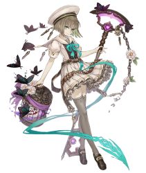 Rule 34 | 1girl, aqua eyes, birdcage, brown hair, bug, butterfly, cage, chain, flower, full body, gretel (sinoalice), hansel (sinoalice), hat, bug, ji no, key, loafers, looking at viewer, male focus, official art, ribbon, sailor collar, school uniform, shoes, sinoalice, skirt, smile, solo, staff, thighhighs, transparent background