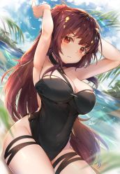 Rule 34 | 1girl, armpits, arms up, beach, black one-piece swimsuit, breasts, choker, cleavage, clip studio paint (medium), commentary, frown, girls&#039; frontline, highres, hiromaster sinta jh, kneeling, large breasts, long hair, navel, official alternate costume, one-piece swimsuit, palm tree, red eyes, red hair, signature, solo, swimsuit, symbol-only commentary, tree, wa2000 (girls&#039; frontline), wa2000 (op. manta ray) (girls&#039; frontline), water