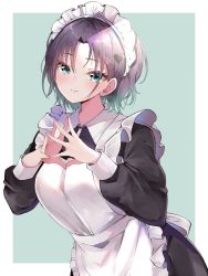 Rule 34 | 1girl, ahoge, alternate costume, apron, asakura ryouko, asakura toru, blue hair, blush, breasts, enmaided, eyelashes, fingers together, gradient hair, highres, idolmaster, idolmaster shiny colors, light purple hair, looking at viewer, maid, maid headdress, medium breasts, multicolored hair, outside border, own hands together, parted bangs, short hair, simple background, solo, two-tone background, upper body, white apron, yuanagae