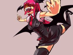 Rule 34 | 1girl, armpit peek, armpits, bat wings, black socks, black thighhighs, breasts, chamaruk, creepy, demon, dress shirt, embodiment of scarlet devil, fangs, female focus, foreshortening, forked tongue, grey background, hair over eyes, head wings, horror (theme), kneehighs, koakuma, koishi komeiji&#039;s heart-throbbing adventure, long hair, low wings, medium breasts, middle finger, miniskirt, multiple wings, necktie, open mouth, outstretched arms, red hair, running, shirt, shoes, short sleeves, simple background, skirt, skirt set, socks, solo, spread arms, star (symbol), thighhighs, tongue, touhou, vest, wings, zettai ryouiki