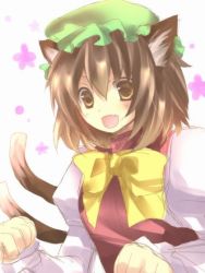 Rule 34 | 1girl, animal ears, bad id, bad pixiv id, bow, bowtie, brown eyes, brown hair, cat ears, cat girl, cat tail, chen, fang, female focus, hat, multiple tails, sakura (lilak a), solo, tail, touhou