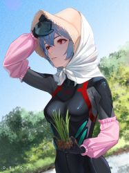 Rule 34 | 1girl, artist name, ayanami rei, bandana, black bodysuit, blue hair, bodysuit, breasts, commentary, detached sleeves, drid, dutch angle, english commentary, film grain, foliage, hair between eyes, hand to forehead, hat, head scarf, highres, holding, holding plant, looking ahead, medium breasts, neon genesis evangelion, parted lips, pink sleeves, plant, plugsuit, red eyes, rice planting, shaded face, shading eyes, skky, solo, straw hat, sun hat, sweat, nervous sweating, upper body, white bandana