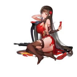 Rule 34 | 1girl, anti-materiel rifle, ass, black hair, black thighhighs, bolt-action rifle, bolt action, breasts, brown thighhighs, bullpup, china dress, chinese clothes, cleavage, cleavage cutout, clothing cutout, detached sleeves, dress, dsr-50, dsr-50 (girls&#039; frontline), dsr-50 (red peony) (girls&#039; frontline), flats, flower, full body, garter belt, girls&#039; frontline, gun, hair flower, hair ornament, lace, lace-trimmed legwear, lace trim, large breasts, liduke, long hair, looking at viewer, official alternate costume, official art, panties, parted lips, pelvic curtain, red dress, red eyes, rifle, shoes, unworn shoes, side slit, sidelocks, single sleeve, sitting, sleeveless, sleeveless dress, sniper rifle, solo, thighhighs, torn clothes, torn dress, torn thighhighs, transparent background, underwear, very long hair, weapon, white panties, yokozuwari