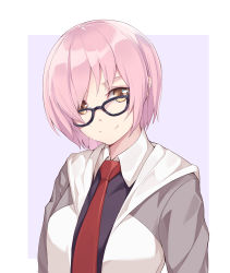 Rule 34 | 1girl, black-framed eyewear, black shirt, brown eyes, closed mouth, fate/grand order, fate (series), glasses, head tilt, highres, looking at viewer, mash kyrielight, necktie, nian (zhanian), pink background, pink hair, red necktie, shirt, simple background, smile, solo, tareme, upper body
