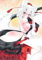 Rule 34 | 1girl, absurdres, animal ear fluff, animal ears, arim0k0, ass, black skirt, breasts, commentary, gluteal fold, hat, highres, hip vent, holding, holding sword, holding weapon, inubashiri momiji, large breasts, looking at viewer, marker (medium), red eyes, red hat, red skirt, sample watermark, short hair, sideboob, skindentation, skirt, solo, sword, tail, tokin hat, touhou, traditional media, two-tone skirt, watermark, weapon, white hair, wolf ears, wolf girl, wolf tail
