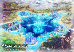 Rule 34 | building, castle, day, electricity, fantasy, highres, landscape, mountain, no humans, official art, outdoors, scenery, shiki makoto, ship, water, watercraft, waterfall, waterfall hole, zenonzard