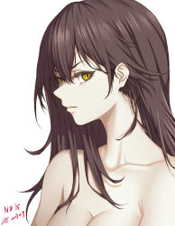 Rule 34 | 1girl, 2017, absurdres, arms at sides, artist name, black hair, breasts, character name, cleavage, closed mouth, collarbone, dated, eyelashes, female focus, girls&#039; frontline, hair between eyes, highres, large breasts, long hair, looking at viewer, neck, nose, nude, nz75 (girls&#039; frontline), serious, simple background, solo, upper body, white background, yellow eyes, zui ai shuang mawei