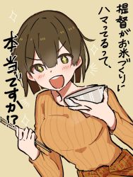 Rule 34 | + +, 1girl, beige background, bowl, brown eyes, brown hair, chopsticks, commentary request, fujisaki (si da), highres, hiryuu (kancolle), kantai collection, official alternate costume, one side up, orange sweater, ribbed sweater, short hair, simple background, solo, sparkle background, sweater, tied sweater, translation request, upper body, yellow background