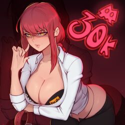 Rule 34 | 1girl, absurdres, black bra, black panties, bra, braid, breasts, chainsaw man, cleavage, collar, highres, large breasts, long hair, looking at viewer, makima (chainsaw man), mixplin, panties, pornhub, red hair, smile, solo, underwear, yellow eyes, zoom layer