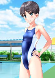 Rule 34 | 1girl, absurdres, bench, black hair, blue sky, blue one-piece swimsuit, breasts, cameltoe, clothes writing, cloud, commentary request, competition swimsuit, covered navel, day, fence, green eyes, grin, hands on own hips, highres, lifeguard chair, multicolored clothes, multicolored swimsuit, one-piece swimsuit, original, outdoors, pool, poolside, short hair, sky, small breasts, smile, solo, swimsuit, takafumi