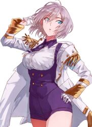 Rule 34 | 1girl, blue eyes, breasts, corset, gloves, gridman universe, highres, jacket, large breasts, looking at viewer, military jacket, mujina, necktie, purple shorts, risyo, short hair, shorts, solo, ssss.dynazenon, thighs, white gloves, white jacket