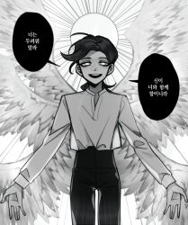 Rule 34 | 1boy, angel wings, commentary request, cowboy shot, feathered wings, freckles, greyscale, halo, jojo no kimyou na bouken, korean text, low ponytail, male focus, monochrome, multiple wings, open mouth, outstretched arms, ponytail, sempon (doppio note), smile, solo, translation request, vento aureo, vinegar doppio, wings