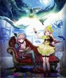 Rule 34 | 2girls, absurdres, atelier (series), atelier lydie &amp; suelle, bird, blush, book, boots, bow, bowtie, breasts, cleavage, gloves, hairband, highres, huge filesize, long hair, looking at viewer, lydie marlen, multiple girls, noco (adamas), official art, open mouth, pink eyes, pink hair, scan, short hair, siblings, side ponytail, sisters, sitting, skirt, small breasts, smile, suelle marlen, thighhighs, twins, yellow bow, yuugen