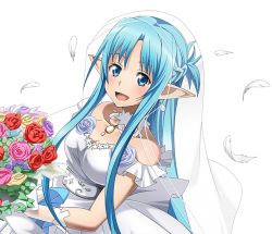 Rule 34 | 1girl, :d, asuna (sao-alo), blue eyes, blue hair, bouquet, breasts, bridal veil, choker, cleavage, dress, dutch angle, earrings, feathers, flower, grey flower, holding, holding bouquet, jewelry, long hair, looking at viewer, medium breasts, open mouth, pink flower, pointy ears, purple flower, red flower, sleeveless, sleeveless dress, smile, solo, sword art online, transparent background, upper body, veil, very long hair, wedding dress, white dress, white feathers, yellow flower
