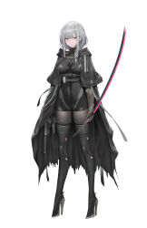 Rule 34 | 1girl, absurdres, black coat, black overalls, bodystocking, braid, cleavage cutout, clothing cutout, coat, gauntlets, grey hair, gun, haze/reverb, high heels, highres, holding, holding sword, holding weapon, looking at viewer, mechanical boots, medium hair, overalls, pink eyes, roi (liu tian), simple background, single braid, solo, sword, tachi-e, weapon, white background