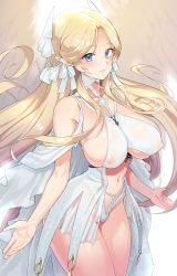 Rule 34 | 1girl, arms at sides, azur lane, blonde hair, blue eyes, brest (azur lane), clothing cutout, covered erect nipples, dress, feathered wings, from side, highres, long dress, long hair, looking at viewer, navel cutout, pointy ears, revealing clothes, see-through, see-through skirt, skirt, solo, supurai, thighs, very long hair, wings