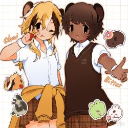 Rule 34 | 2girls, animal, animal ears, blonde hair, brown eyes, brown hair, brown skirt, brown sweater, cat, closed mouth, clothes around waist, collared shirt, dark-skinned female, dark skin, doughnut, food, food on face, frog, fruit, grid background, guinea pig, guinea pig girl, hair between eyes, hand up, holding, holding food, holding fruit, jacket, jacket around waist, lapithai, licking lips, light-skinned palms, looking at viewer, multicolored hair, multiple girls, one eye closed, original, pleated skirt, rabbit, reaching, reaching towards viewer, shirt, short hair, short sleeves, signature, skirt, solo, standing, streaked hair, sweater, sweater vest, tomato, tongue, tongue out, upper body, v, white background, white shirt, white wristband, yellow jacket