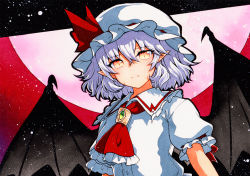 Rule 34 | ascot, bad id, bad pixiv id, bat wings, black wings, blue hair, bow, brooch, closed mouth, commentary request, dress, fang, frilled ascot, frilled shirt, frilled shirt collar, frilled sleeves, frills, green brooch, hat, hat ribbon, jewelry, light purple hair, looking at viewer, mob cap, moon, pink dress, puffy short sleeves, puffy sleeves, purple hair, qqqrinkappp, red ascot, red bow, red eyes, red ribbon, remilia scarlet, ribbon, ribbon trim, sash, shirt, short hair, short sleeves, solo, spear the gungnir, touhou, traditional media, white hat, wings