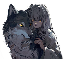 1girl :| animal animal_hug closed_mouth expressionless glowing glowing_eyes hair_between_eyes highres long_hair long_sleeves looking_at_viewer orange_eyes original sak_orz shirt sidelocks simple_background solo straight_hair upper_body white_background white_hair white_shirt wide_sleeves wolf