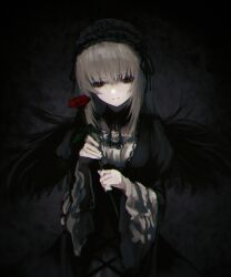 Rule 34 | absurdres, black collar, black dress, black hairband, black ribbon, black wings, collar, cross-laced clothes, cross-laced dress, dark background, detached collar, dress, flower, flower on head, frills, gothic lolita, grey hair, hairband, hara shoutarou, highres, holding, holding flower, lolita fashion, lolita hairband, long hair, looking down, red eyes, red flower, red rose, ribbon, rose, rozen maiden, sidelocks, suigintou, white dress, wings