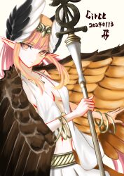 Rule 34 | 1girl, absurdres, armlet, bare shoulders, bracelet, breasts, brown wings, character name, circe (fate), cleavage, dated, dress, fate/grand order, fate (series), feathered wings, head wings, highres, holding, holding staff, jewelry, long hair, looking at viewer, navel, necklace, pink hair, pointy ears, sidelocks, simple background, skirt, small breasts, solo, staff, tsukaasa, white background, winged hair ornament, wings