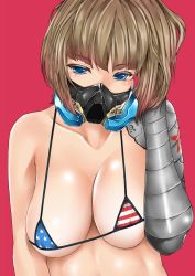 Rule 34 | 1girl, american flag bikini, arm at side, arm up, bare shoulders, bikini, blue eyes, blunt bangs, blush, breasts, cleavage, collarbone, colored eyelashes, covered mouth, eyebrows, flag print, gas mask, gauntlets, hand in own hair, highres, justin (sera tony), large breasts, mask, micro bikini, original, red background, short hair, simple background, solo, star (symbol), star print, swimsuit, thick eyebrows, tsurime, upper body