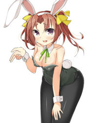 Rule 34 | 10s, 1girl, alternate costume, animal ears, bad id, bad pixiv id, bare shoulders, black pantyhose, blush, breasts, brown hair, cleavage, commentary request, fake animal ears, fake tail, hair ornament, hair ribbon, hairband, hand on leg, hand on own thigh, heart, kagerou (kancolle), kankitsunabe (citrus), kantai collection, large breasts, leaning, leaning forward, legs together, leotard, long hair, looking at viewer, open mouth, pantyhose, playboy bunny, rabbit ears, rabbit tail, ribbon, simple background, smile, solo, standing, tail, twintails, twitter username, white background, wrist cuffs