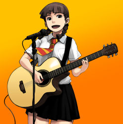Rule 34 | 1girl, :d, acoustic guitar, black skirt, braid, brown hair, collared shirt, cowboy shot, guitar, hair ornament, hairclip, highres, holding, holding instrument, holding plectrum, instrument, looking at viewer, low twintails, microphone, microphone stand, miniskirt, music, necktie, open mouth, orange background, original, playing instrument, plectrum, red necktie, school uniform, shirt, short sleeves, skirt, smile, solo, striped necktie, striped neckwear, tachibana roku, twin braids, twintails, white shirt, wing collar
