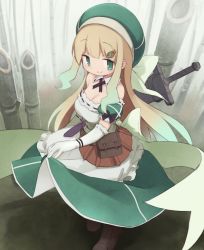 Rule 34 | 1girl, bag, bare shoulders, blonde hair, blush, boots, breasts, brown footwear, cleavage, closed mouth, collarbone, detached sleeves, elbow gloves, gloves, green eyes, green hair, green hat, hat, high heel boots, high heels, highres, large breasts, looking at viewer, multicolored hair, okayparium, satchel, senran kagura, sheath, sheathed, smile, solo, squatting, sword, two-tone hair, weapon, white gloves, yomi (senran kagura)