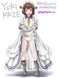 Rule 34 | 1girl, adapted costume, alternate costume, apron, blush, brown eyes, brown hair, character name, clothes lift, dated, detached collar, dress, dress lift, enmaided, frills, full body, headgear, high heels, kantai collection, lifting own clothes, long sleeves, maid, maid apron, maid headdress, one-hour drawing challenge, open mouth, panties, puffy sleeves, rudder footwear, shadow, short hair, skirt hold, socks, solo, tatsumi ray, twitter username, underwear, white apron, white background, white dress, white panties, yukikaze (kancolle)