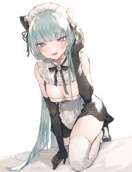 Rule 34 | 1girl, absurdres, animal ears, apron, bare shoulders, black dress, black gloves, black ribbon, blush, breasts, cat ears, cleavage, commentary request, dress, elbow gloves, frilled apron, frills, funyo (masa), gloves, green hair, hair ribbon, hand up, highres, long hair, looking at viewer, maid, maid headdress, neck ribbon, open mouth, original, purple eyes, ribbon, simple background, small breasts, solo, straight hair, thighhighs, very long hair, white apron, white background, white thighhighs, zettai ryouiki