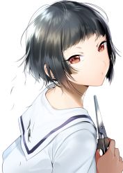 Rule 34 | 1girl, black hair, blouse, blunt bangs, bob cut, cutting hair, earrings, from above, from side, holding, holding scissors, jewelry, looking at viewer, o3o, original, school uniform, scissors, shirt, short hair, simple background, solo, stud earrings, upper body, white background, white shirt, yanyo (ogino atsuki)