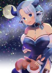 Rule 34 | :d, alternate breast size, bare shoulders, black thighhighs, blue dress, blue eyes, blue hair, blue sleeves, breasts, cleavage, commentary request, commission, creatures (company), crossover, detached sleeves, dress, eevee, full moon, game freak, gen 1 pokemon, horns, indie virtual youtuber, kou hiyoyo, lace, lace-trimmed dress, lace trim, large breasts, miilkywayz, moon, night, night sky, nintendo, open mouth, parted bangs, pokemon, pokemon (creature), see-through, skeb commission, sky, sleeves past wrists, smile, star (sky), starry sky, strapless, strapless dress, thighhighs, virtual youtuber