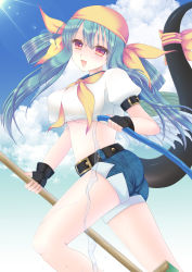 Rule 34 | 1girl, arc system works, ass, asymmetrical wings, bandana, belt, blue hair, blush, bow, breasts, deck brush, denim, denim shorts, dizzy (guilty gear), fingerless gloves, gloves, guilty gear, hair ribbon, highres, hose, large breasts, long hair, looking at viewer, open mouth, red eyes, ribbon, sailor collar, sailor shirt, shiny skin, shirt, short shorts, shorts, smile, solo, tail, tail bow, tail ornament, tail ribbon, toritani kazu, twintails, very long hair, wings
