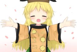 Rule 34 | 1girl, bad id, bad pixiv id, black hat, blonde hair, blush, closed eyes, constellation print, fang, gradient background, green skirt, hat, heart, long hair, matara okina, open mouth, orange sleeves, poco (zdrq3), skirt, smile, solo, tabard, touhou, upper body, wide sleeves