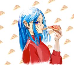 Rule 34 | 1girl, absurdres, blue eyes, blue eyeshadow, blue hair, cropped torso, earrings, eating, eyeshadow, food, from side, glasses, hair behind ear, highres, holding, holding food, holding pizza, jewelry, kson, kson (person), makeup, mole, mole under mouth, original, parted hair, pizza, real life, red sweater, round eyewear, sweater, upper body, yo na