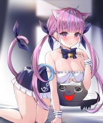 Rule 34 | 1girl, all fours, animal ear fluff, animal ears, bell, black cat, blue hair, blue ribbon, blunt bangs, blush, breasts, cat, cat cutout, cat ears, cat tail, choker, cleavage, clothing cutout, colored inner hair, commentary, frilled skirt, frills, highres, himexin, hololive, kemonomimi mode, large breasts, looking at viewer, minato aqua, minato aqua (1st costume), multicolored hair, neck bell, neck ribbon, parted lips, paw pose, purple eyes, purple hair, ribbon, sidelocks, skirt, solo, strap slip, tail, tail ornament, tail ribbon, twintails, two-tone hair, underboob cutout, virtual youtuber, wrist cuffs