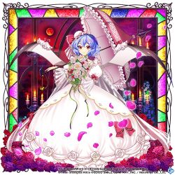 Rule 34 | 1girl, alternate costume, bat wings, blue hair, bow, candle, closed mouth, copyright name, copyright notice, flower, full body, full moon, game cg, hat, hat ribbon, holding, holding umbrella, juliet sleeves, long sleeves, looking at viewer, mini hat, moon, parasol, petals, puffy sleeves, red bow, red eyes, red moon, red ribbon, red umbrella, remilia scarlet, remilia scarlet (pure white that will be stained scarlet), ribbon, rotte (1109), short hair, smile, solo, stained glass, third-party source, touhou, touhou lostword, umbrella, white flower, white hat, wings