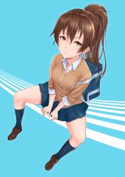 Rule 34 | 1girl, :/, bad id, bad pixiv id, bag, between legs, blue background, blue skirt, blue socks, brown footwear, brown hair, brown sweater, chokuro, closed mouth, collared shirt, commentary request, from above, full body, hair between eyes, high ponytail, highres, kneehighs, loafers, long hair, long sleeves, looking at viewer, looking up, medium skirt, mole, mole under eye, original, partially unbuttoned, pleated skirt, ponytail, school bag, school uniform, shirt, shoes, sitting, skirt, sleeves pushed up, sleeves rolled up, socks, solo, spread legs, sweater, v arms, white shirt, wing collar, yellow eyes