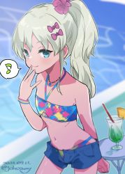Rule 34 | 1girl, bikini, blonde hair, blue bikini, blue shorts, bracelet, commentary request, cowboy shot, dated, drink, eighth note, flat chest, grecale (kancolle), green eyes, halterneck, halterneck, highres, jewelry, johssnny, kantai collection, long hair, musical note, one-hour drawing challenge, open fly, short shorts, shorts, solo, spoken musical note, standing, swimsuit, twitter username, wavy hair