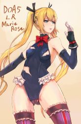 Rule 34 | 1girl, aono hoshi, areola slip, blonde hair, blue eyes, bow, bowtie, breasts, cameltoe, dead or alive, dead or alive 5, gloves, hair ribbon, highres, leotard, marie rose, nipple slip, nipples, parted lips, ribbon, small breasts, solo, thighhighs, torn clothes