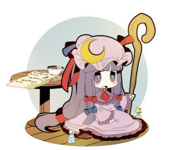 Rule 34 | 1girl, alternate costume, bad id, bad pixiv id, bow, brooch, chibi, coffee, crescent, hair bow, hat, jewelry, long hair, natsuno riku, outside border, paper, patchouli knowledge, potion, purple eyes, purple hair, ribbon, round image, sitting, solo, staff, table, touhou