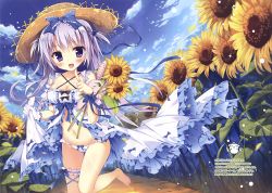 Rule 34 | 1girl, arm garter, bare shoulders, barefoot, black bow, blue bow, blue dress, blue eyes, blue ribbon, blue sky, blush, bow, breasts, bridal garter, cleavage, collarbone, cowboy shot, day, dress, fang, field, finger to mouth, flower, flower field, foreshortening, frilled bow, frilled dress, frilled panties, frilled skirt, frills, gloves, groin, hair bow, hair ornament, hair ribbon, hair scrunchie, hand up, hat, hat ribbon, highres, holding, holding flower, holding stuffed toy, index finger raised, large breasts, layered clothes, leaf, leg up, light rays, long hair, looking at viewer, midriff, navel, open mouth, original, outdoors, panties, path, purple hair, ribbon, road, scrunchie, shiromochi sakura, showgirl skirt, single glove, skirt, skirt hold, sky, sleeveless, sleeveless dress, smile, solo, standing, standing on one leg, stomach, straw hat, striped clothes, striped panties, stuffed animal, stuffed rabbit, stuffed toy, sun hat, sunflower, sunflower field, sunlight, thigh strap, two side up, underwear, white gloves, wrist ribbon, yellow flower