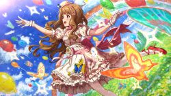 Rule 34 | 1girl, balloon, brown hair, bug, butterfly, cloud, game cg, gloves, hat, high heels, idolmaster, idolmaster million live!, idolmaster million live! theater days, insect, miyao miya, official art, solo