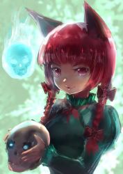 Rule 34 | 1girl, animal ears, bad id, bad pixiv id, braid, cat ears, dress, fang, flaming skull, glowing, glowing eyes, gradient background, green background, green dress, hair ribbon, high collar, holding, holding skull, kaenbyou rin, looking at viewer, mg42cat-k1ng, open mouth, red eyes, red hair, red ribbon, ribbon, short hair, signature, skull, smile, solo, touhou, tress ribbon, twin braids, upper body, watermark