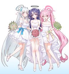 Rule 34 | + +, 3girls, :d, alternate costume, bare shoulders, blue archive, blunt bangs, bouquet, choker, collarbone, commentary, detached sleeves, dress, flower, frilled dress, frills, full body, hair between eyes, hair flower, hair ornament, halo, headgear, high heels, highres, holding, holding bouquet, koyuki (blue archive), long hair, looking at viewer, multiple girls, noa (blue archive), open mouth, parted bangs, picter, pink eyes, pink hair, purple eyes, purple hair, see-through, short sleeves, sidelocks, simple background, sleeveless, smile, sparkle, standing, standing on one leg, strapless, strapless dress, twintails, two side up, wedding dress, white background, white choker, white dress, white footwear, white hair, yuuka (blue archive)