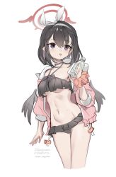 Rule 34 | 1girl, bikini, black bikini, black hair, black wings, blue archive, blush, bottle, breasts, character name, cropped legs, frilled bikini, frills, hair between eyes, hairband, halo, highres, holding, holding bottle, jacket, mashiro (blue archive), mashiro (swimsuit) (blue archive), mini wings, nemo (leafnight), open clothes, open jacket, pink jacket, purple eyes, scrunchie, signature, simple background, solo, swimsuit, tongue, water bottle, white background, winged halo, wings, wrist scrunchie