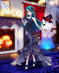 Rule 34 | 1girl, aqua eyes, aqua hair, black dress, black footwear, blue flower, blue rose, bracelet, braid, candle, dress, fireplace, flower, full body, gloves, go! princess precure, halloween, hat, highres, jewelry, kaidou minami, lace, lace gloves, long dress, long hair, official art, precure, precure connection puzzlun, rose, side braid, smile, solo, strapless, strapless dress, third-party source, witch hat